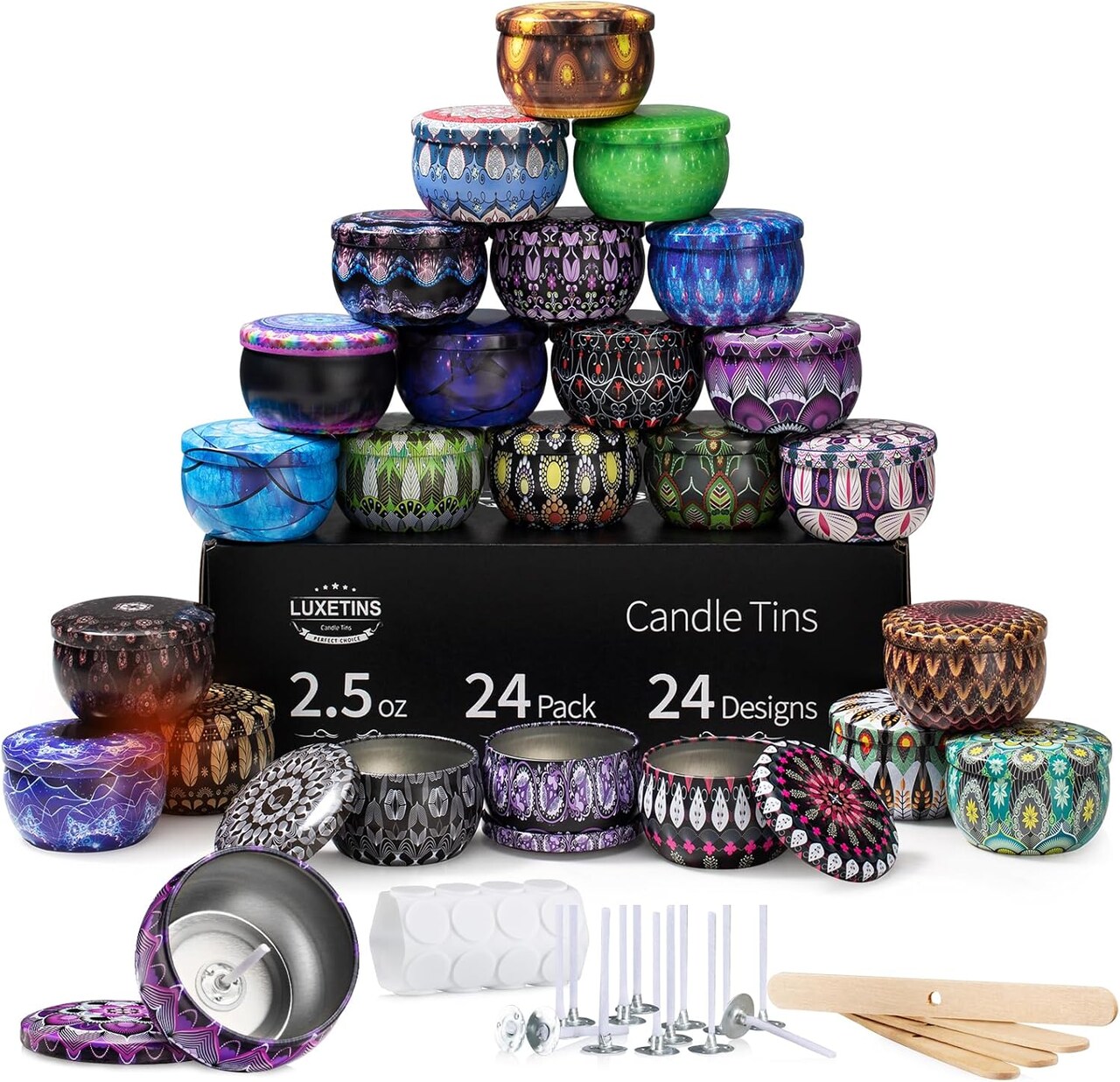 24 Designs Metal Tins for DIY Candle Crafting (Colorful) 2.4 x 2.4 x 1.5 inches